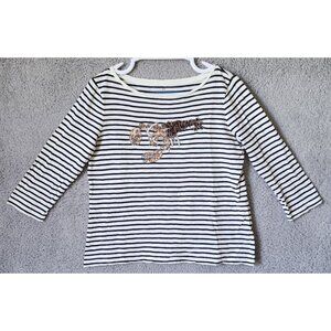 Talbots Women's 3/4 Sleeve Boat Neck T Shirt Top Embellished Lobster Striped MP